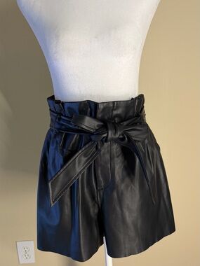 Zara Black High-Waist Faux Leather Paperbag Shorts with Tie Belt